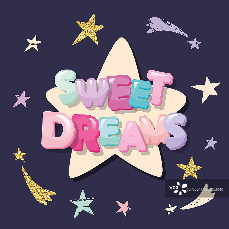 甜美的梦可爱的设计睡衣，睡衣，t恤。黑色背景上的卡通字母和星星。图片素材