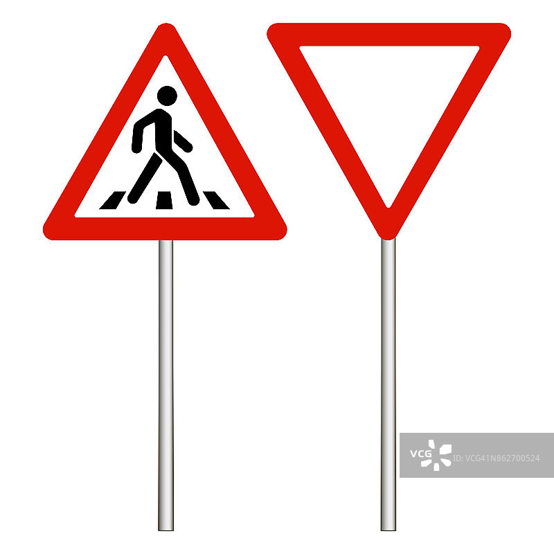 白色背景红色三角形警告路标。让路。人行横道标志、人行横道标志。矢量图图片素材