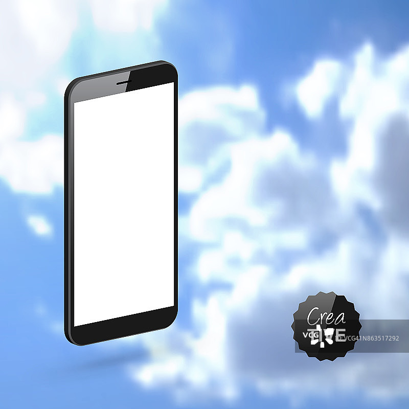 智能手机孤立在蓝天和云-等距移动电话模板图片素材