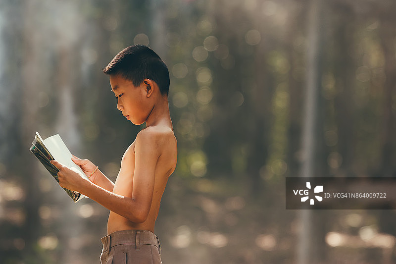 农村的孩子们正在森林里读书。图片素材