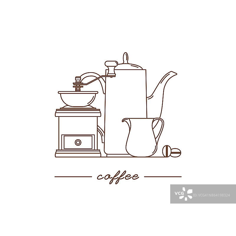 咖啡研磨机，咖啡壶和牛奶壶。现代线性风格。矢量插图。图片素材
