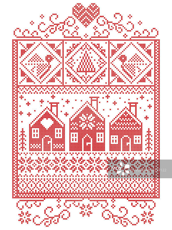 优雅的北欧圣诞，北欧风格的冬季拼接，图案包括雪花、心形、瑞典风格姜饼屋、圣诞树、礼物、雪花、知更鸟、红白星星图片素材