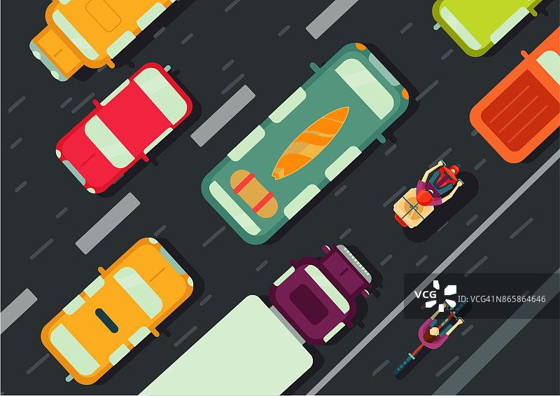 道路与汽车俯视图。城市交通。平面插画风格。图片素材
