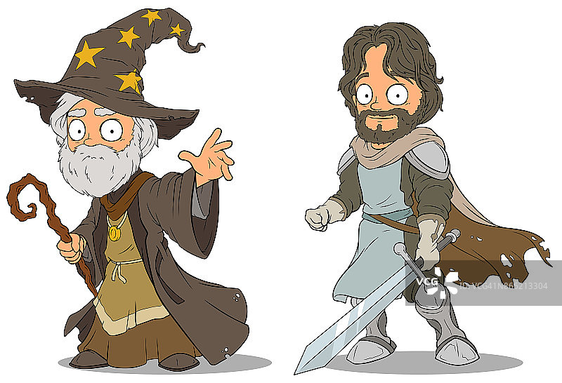 卡通中世纪巫师和骑士角色设置图片素材
