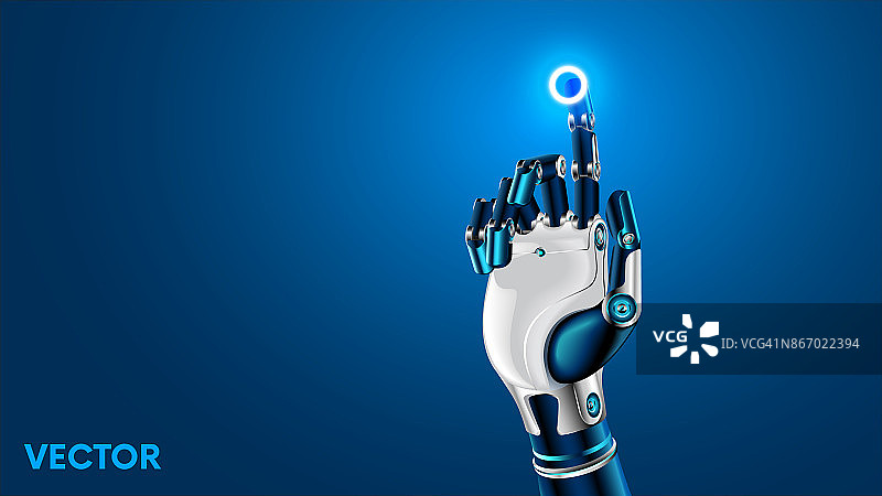机器人的机械臂或手按下虚拟全息界面HUD上的按钮。人工智能未来设计理念。图片素材