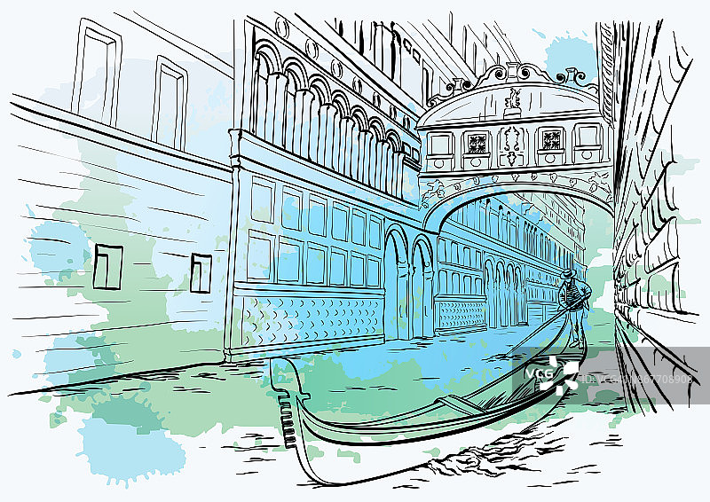 威尼斯叹息桥，水彩画设计图片素材