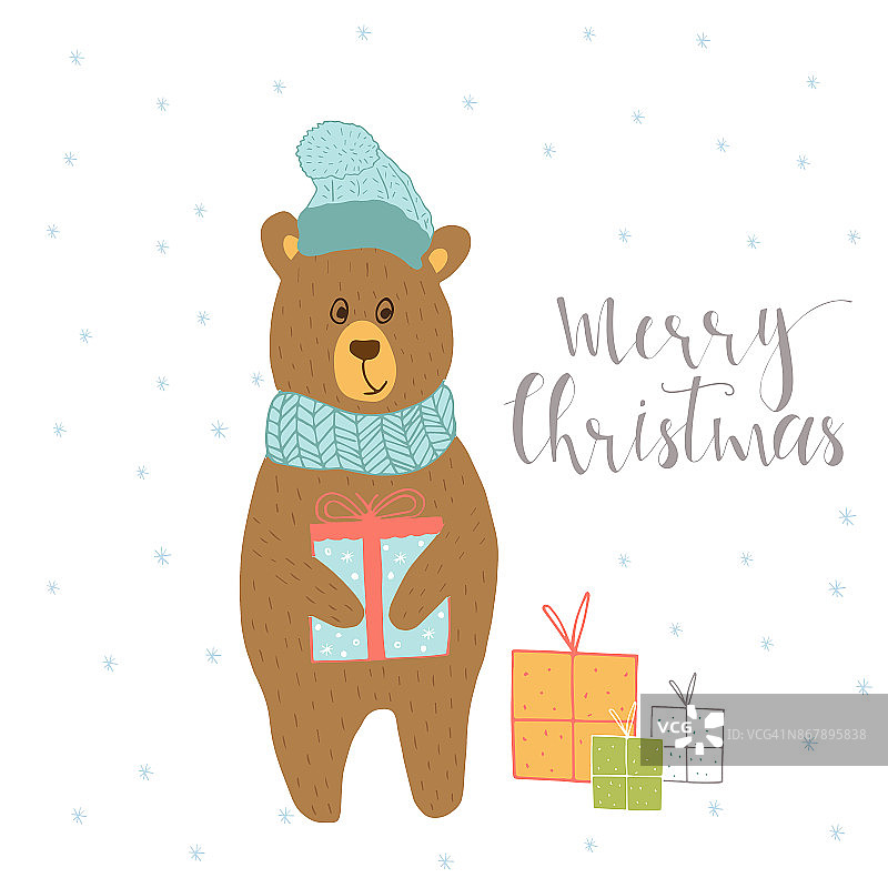 圣诞快乐可爱的贺卡与小熊和礼物的礼物。图片素材