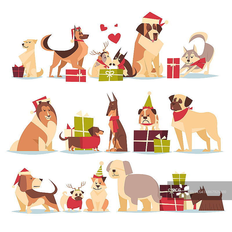 一群可爱的狗在圣诞帽象征2018年新年和圣诞假期孤立在白色背景图片素材