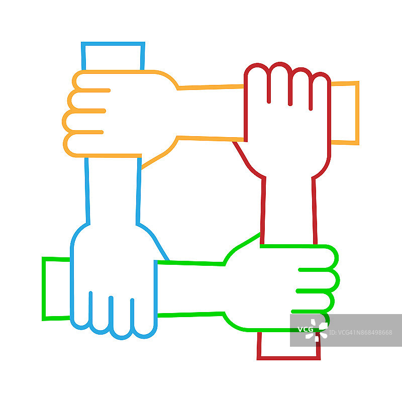 另一只手的手腕握在一起。四个相连的手中。团结的象征。孤立在白色背景上。矢量插图。图片素材