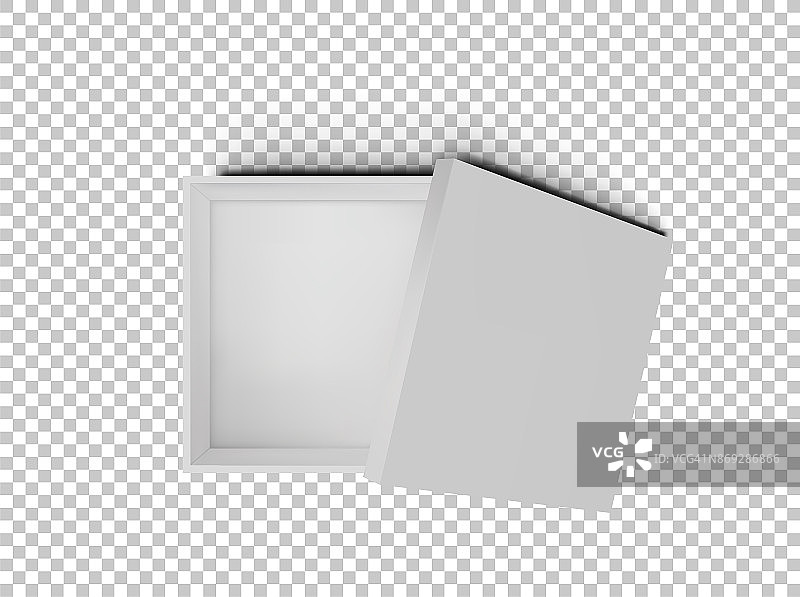 白色打开空的正方形纸箱孤立的透明背景顶视图。设计产品，包装，品牌，广告的模型模板。矢量插图。图片素材