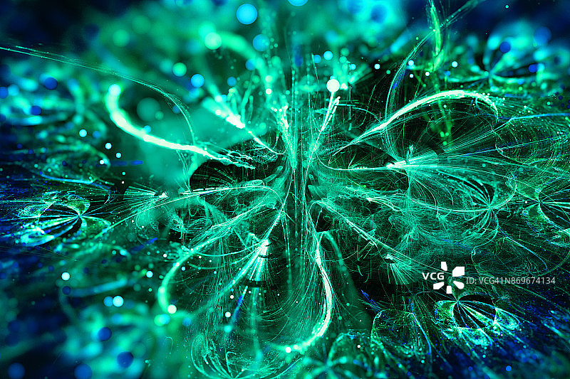绿色和蓝色发光的花分形与粒子图片素材