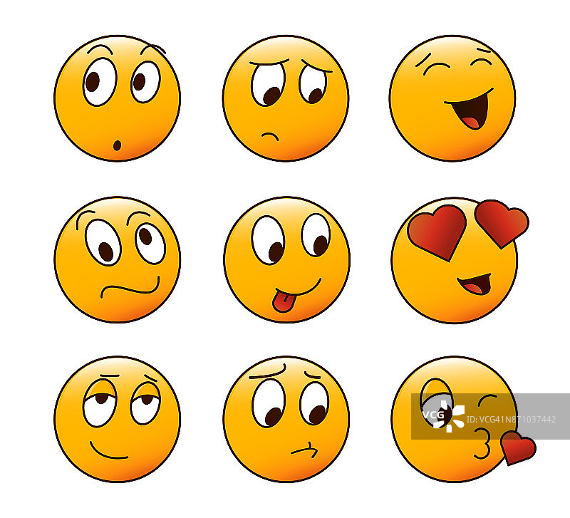9个卡通emoticon字符设置不同的情绪和面部表情。图片素材