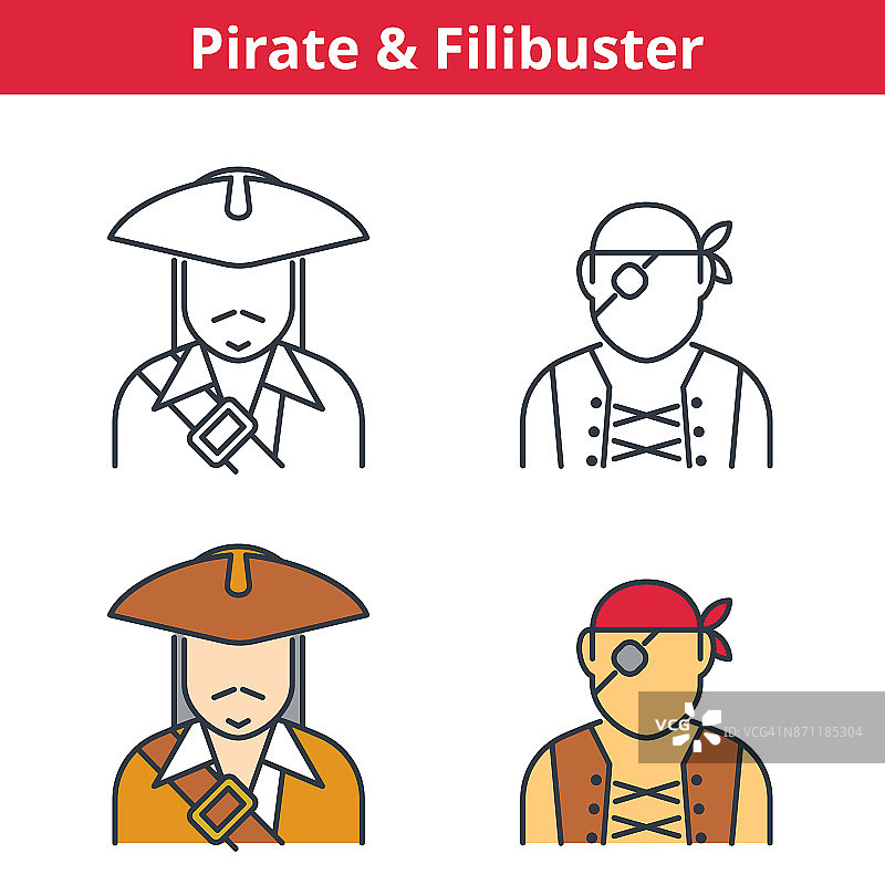 平面和线性矢量化身:海盗，船长，阻挠议事。图片素材
