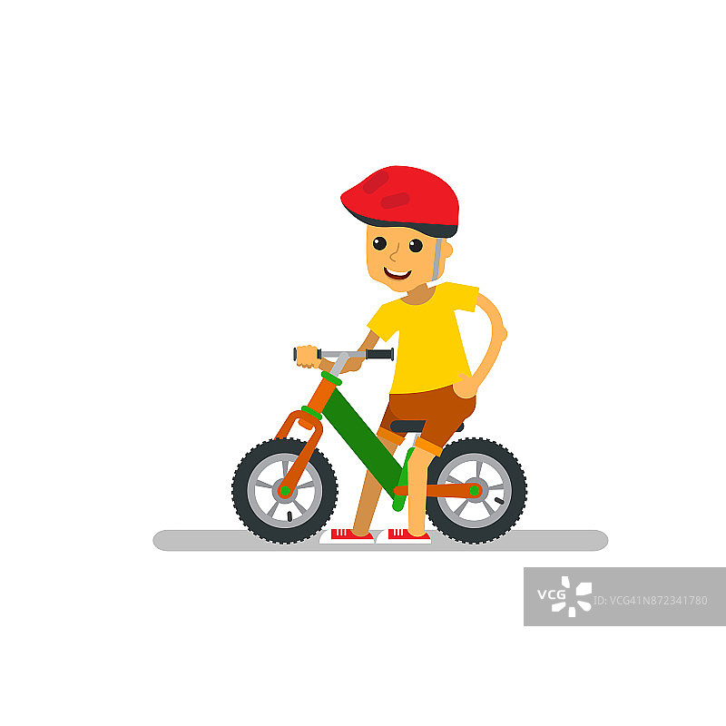 快乐的卡通男孩与平衡自行车上隔离。图片素材