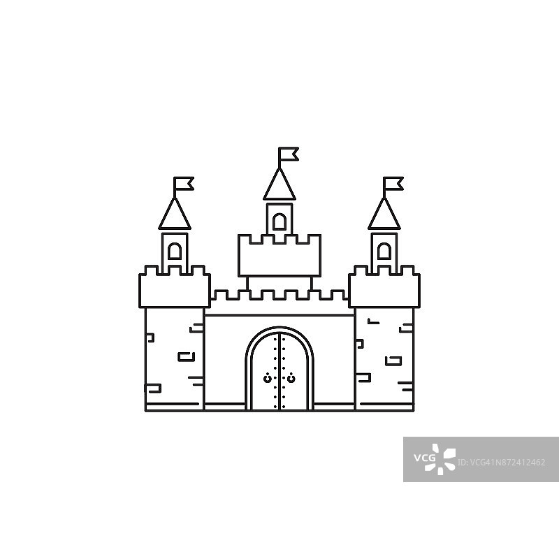城堡图标向量线性设计孤立的白色背景。公园标志模板，元素为游乐园，线图标对象图片素材