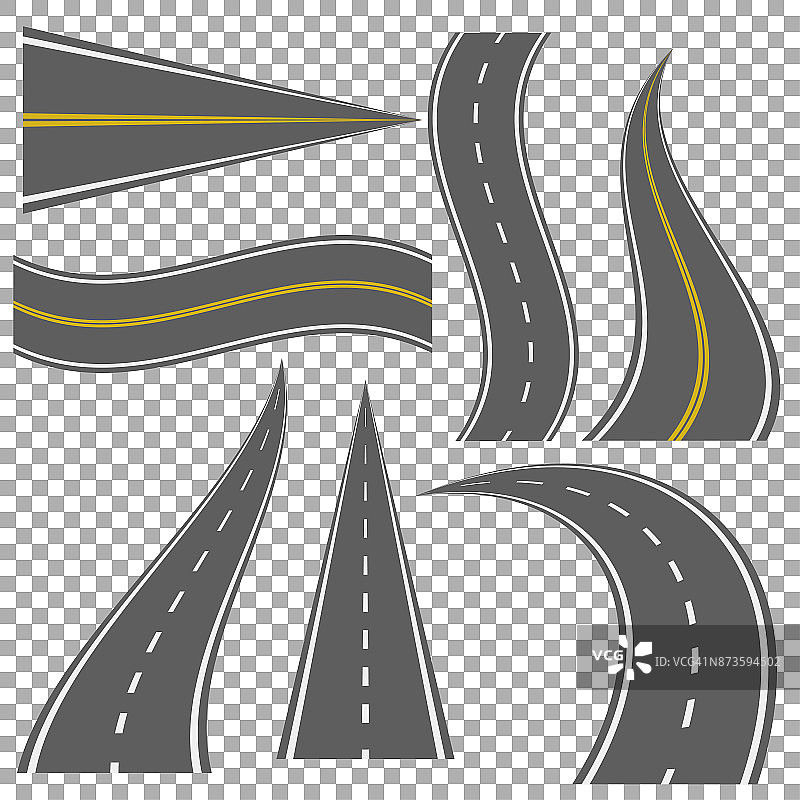 一套弯曲道路和高速公路矢量插图图片素材
