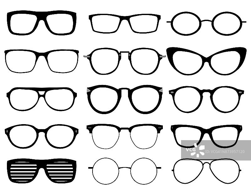 眼镜模特偶像，男人，女人框架。太阳镜，眼镜黑色的轮廓孤立在白色上。图片素材