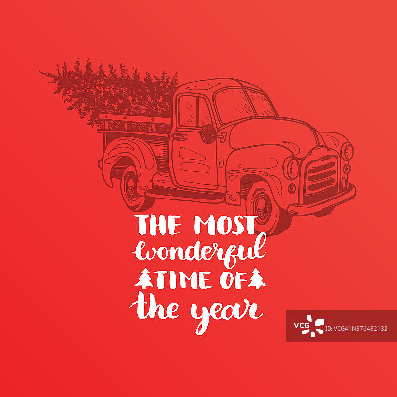 红色背景上刻有“一年中最美妙的时光”字样。矢量圣诞玩具皮卡插图。图片素材