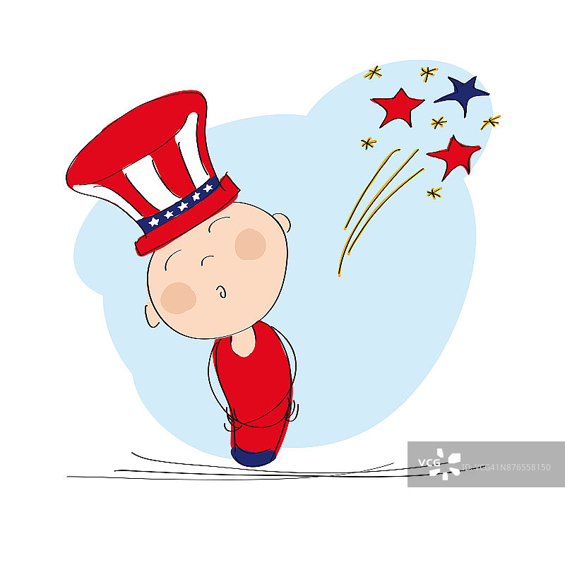 戴着白色和红色垂直条纹的帽子的美国男孩和7月4日的烟花-原始手绘插图图片素材
