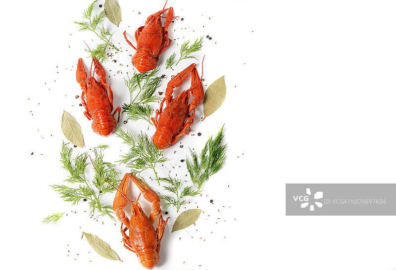 海鲜菜肴，白色背景下的红色水煮小龙虾，俯视图照片。啤酒的零食。图片素材