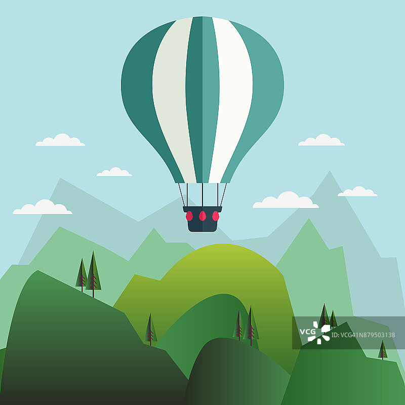 热气球飞过美丽的山景。自然、露营、旅游、度假和度假矢量概念图片素材