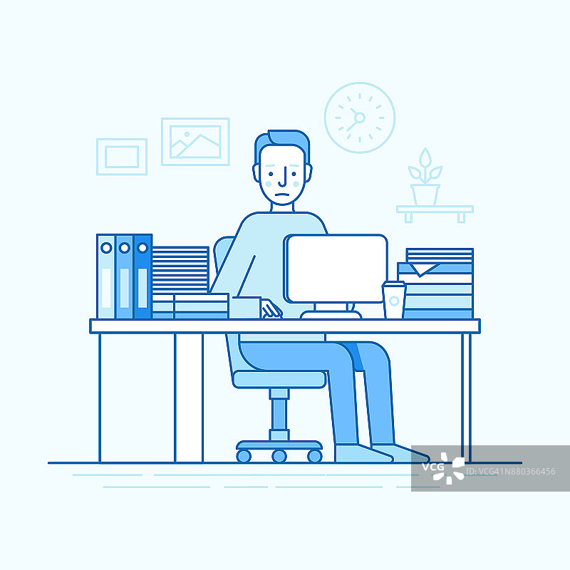 矢量插图在时尚的平面线性风格和蓝色-人工作坐在书桌与电脑和努力工作图片素材