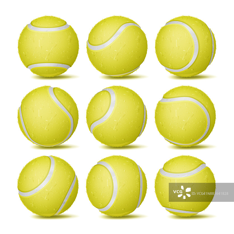 现实网球设置向量。经典的黄色圆球。不同的观点。体育游戏的象征。孤立的插图图片素材