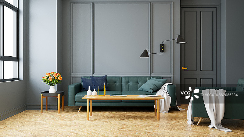 复古现代的客厅内部，绿色沙发与壁灯木地板和深灰色的墙壁，3d渲染图片素材