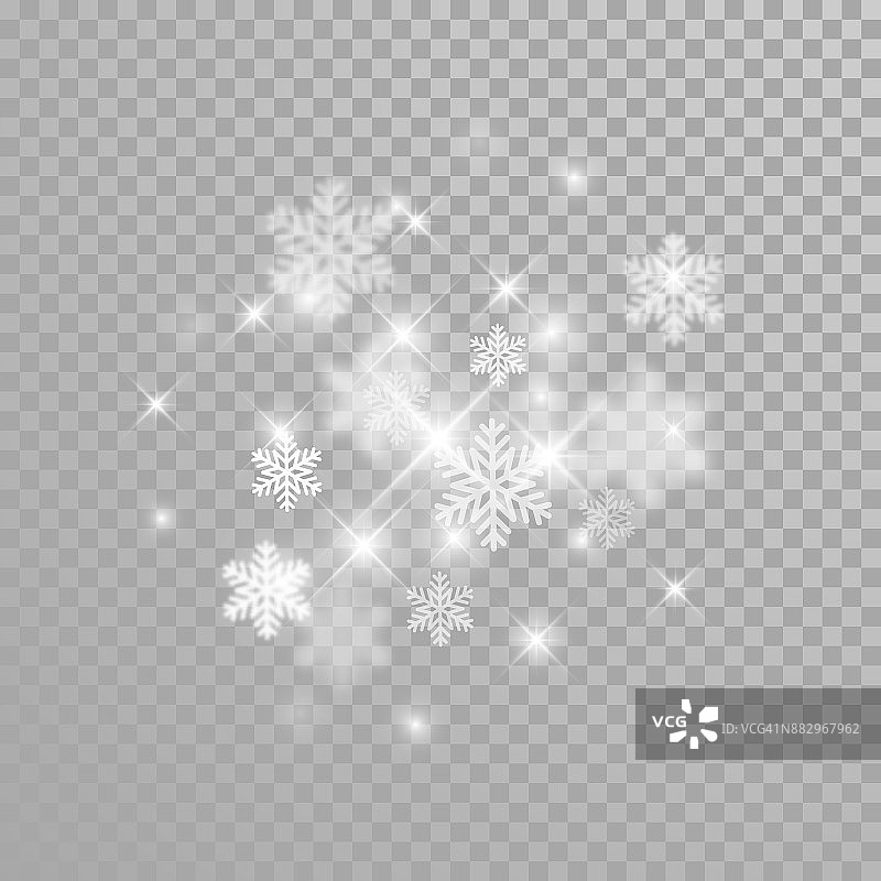 圣诞雪花闪闪发光的灯光效果在白色透明的背景。矢量冬季假日雪花闪闪发光的五彩纸屑烟花新年发光的节日设计图片素材