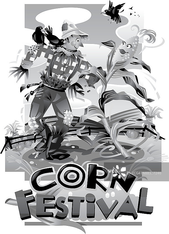 玉米节，一个动画的男性稻草人护送一个动画的女性玉米秸秆图片素材
