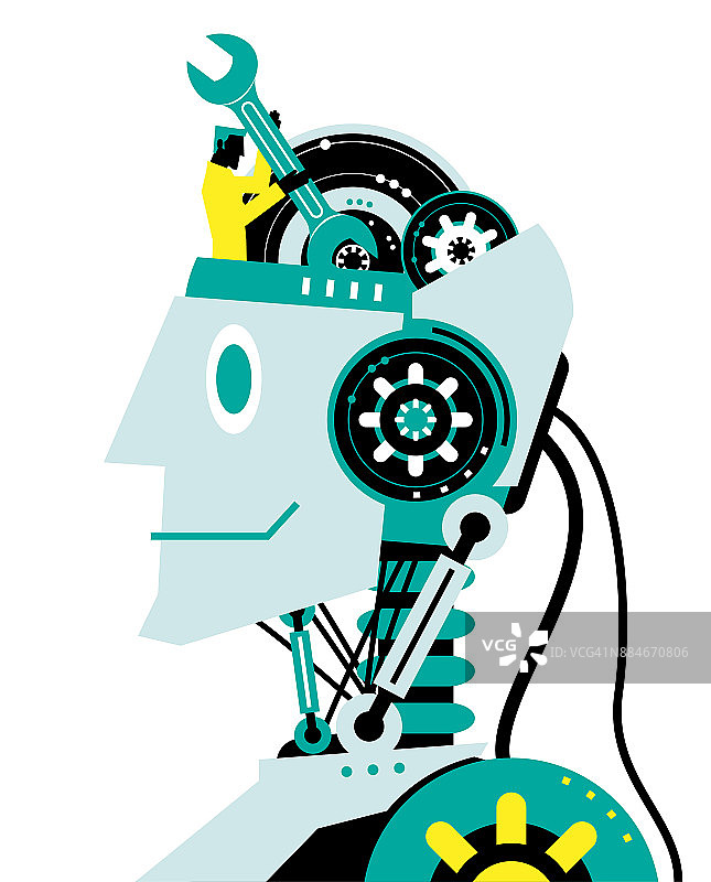 工程师在机器人头上安装扳手，侧视图，人工智能造福人类和社会图片素材