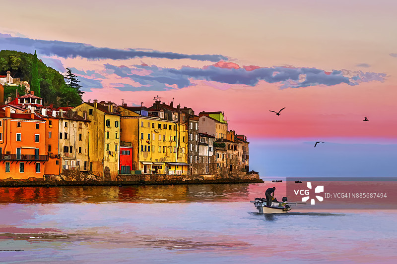 充满活力的色彩，在日出的老城罗维尼在绘画效果图片素材