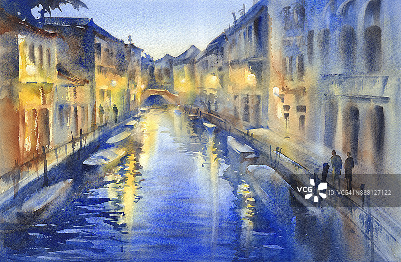 威尼斯夜灯水彩画图片素材