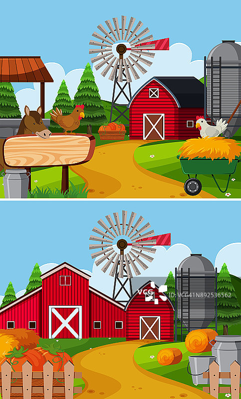 有谷仓和动物的两个农场场景图片素材