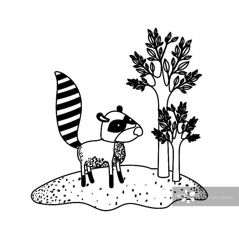 卡通浣熊旁边的树在黑色的部分剪影图片素材