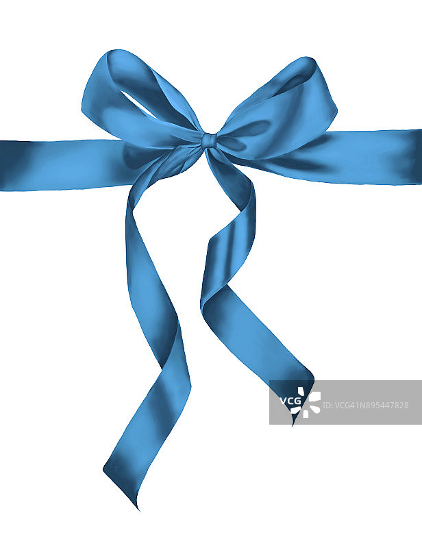 闪亮的蓝色缎带在白色的背景。蓝色的蝴蝶结和蓝色的丝带。手绘插图。图片素材