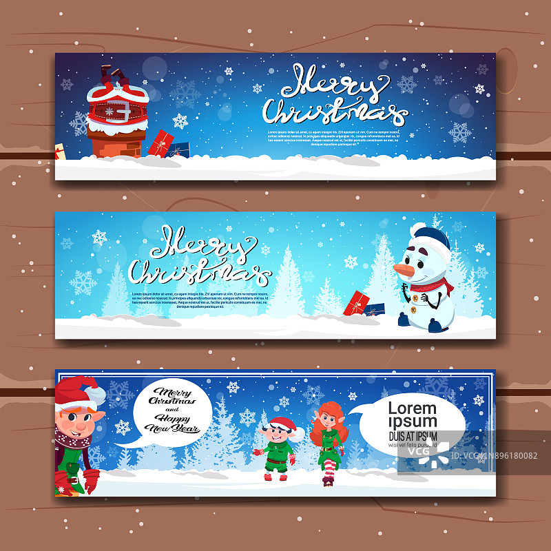 圣诞和新年横向横幅木制背景，可爱的冬季海报集图片素材