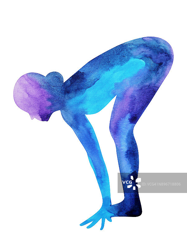 半站立前弯曲瑜伽姿势，彩色脉轮水彩画，手绘插图设计，(Ardha Uttanasana)，剪切路径图片素材