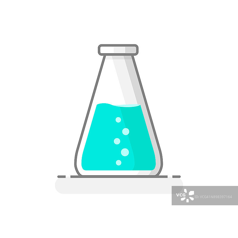 科学锥形烧瓶与化学液体。实验室玻璃器皿图标7。平面设计理念。矢量插图。图片素材