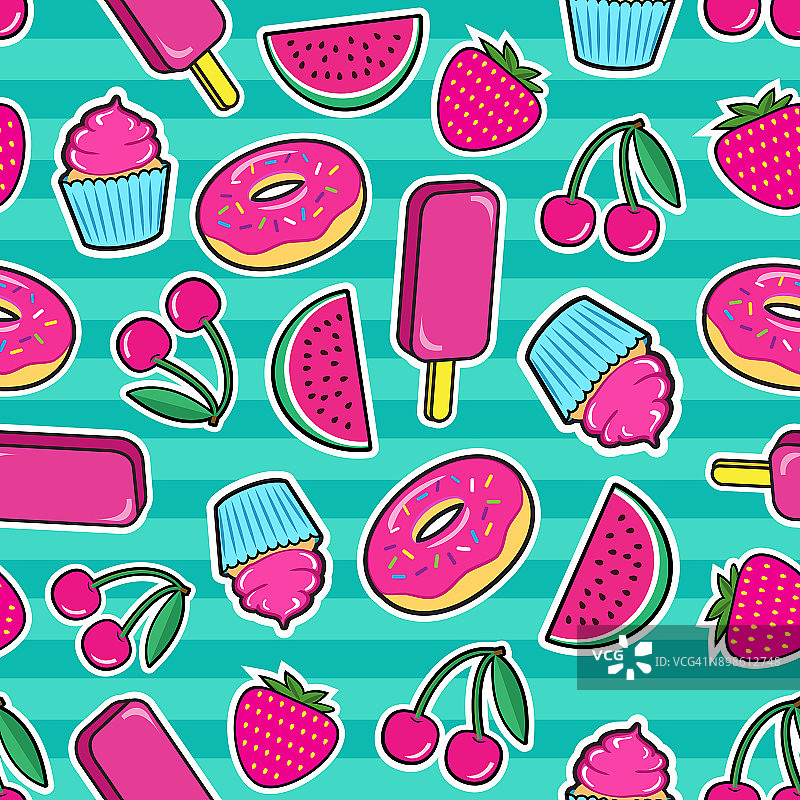 可爱的无缝图案与彩色补丁。冰淇淋、樱桃、草莓、西瓜、甜甜圈、纸杯蛋糕等绿色背景贴纸。图片素材