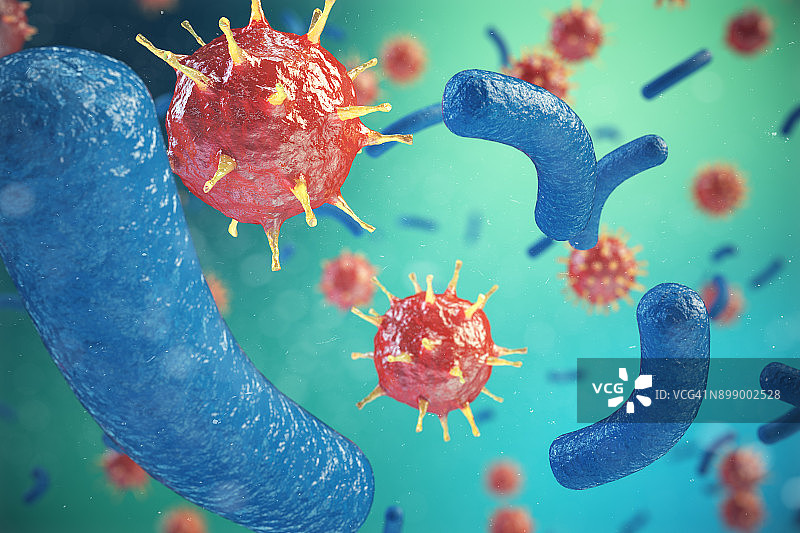 3d插图，肝炎，H1N1，艾滋病毒，流感，艾滋病病毒抽象背景。被感染生物体中的肝炎病毒图片素材