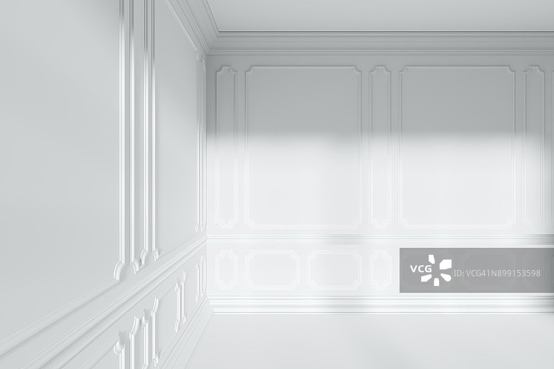 白色空房间的一角，墙上装饰着古典风格图片素材