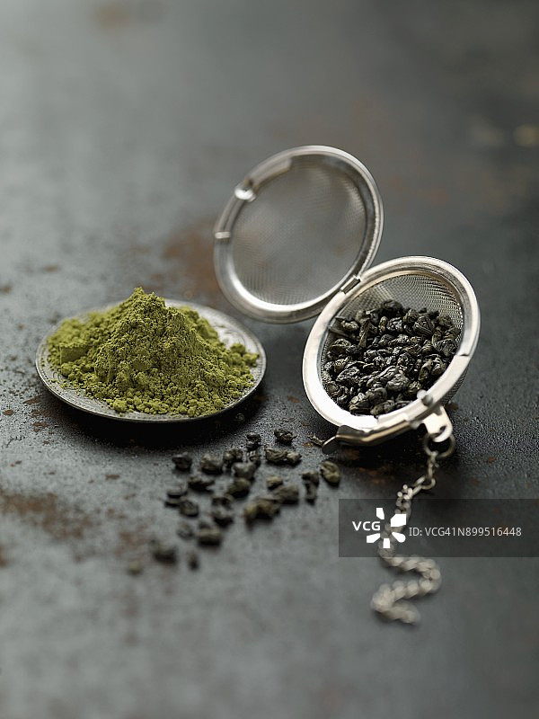 绿茶的叶子和粉末图片素材