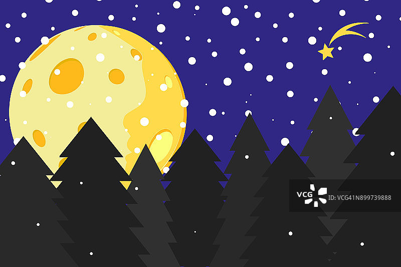 冬季圣诞节，节日森林。月亮的轮廓，树木。一个下雪的晚上。矢量图图片素材