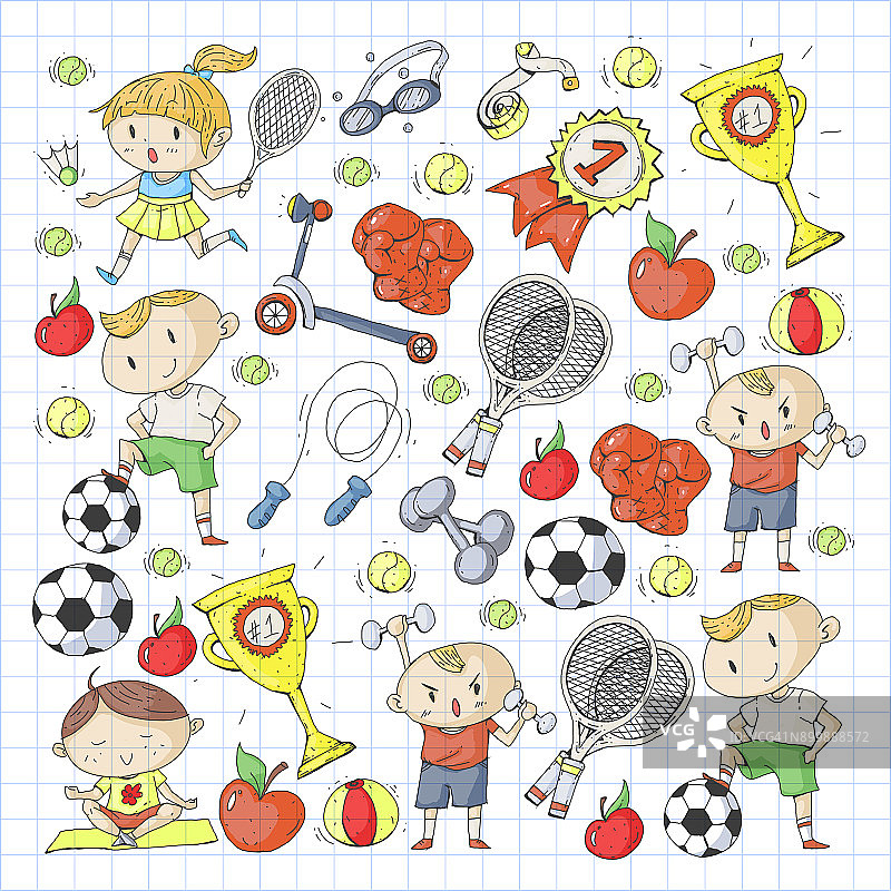 孩子的运动。孩子们画的。幼儿园，学校，大学，幼儿园。足球，足球，网球，跑步，拳击，橄榄球，瑜伽，游泳图片素材