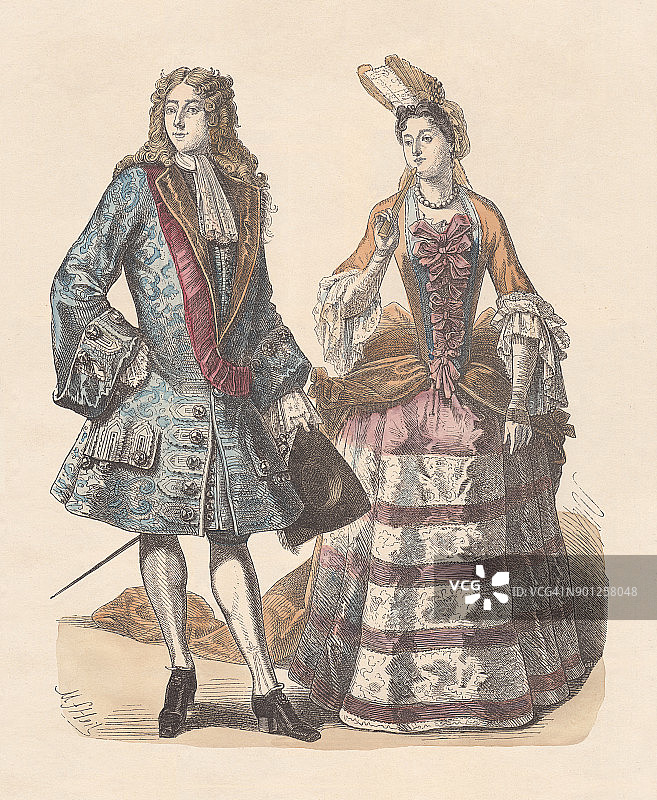 法国贵族，18世纪早期，手工着色木刻，大约1880年出版图片素材