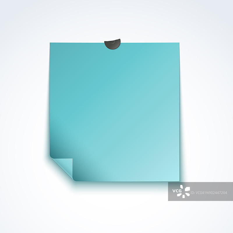 蓝色空白便条纸与弯曲的角落和投影孤立的白色背景。向量模型图片素材