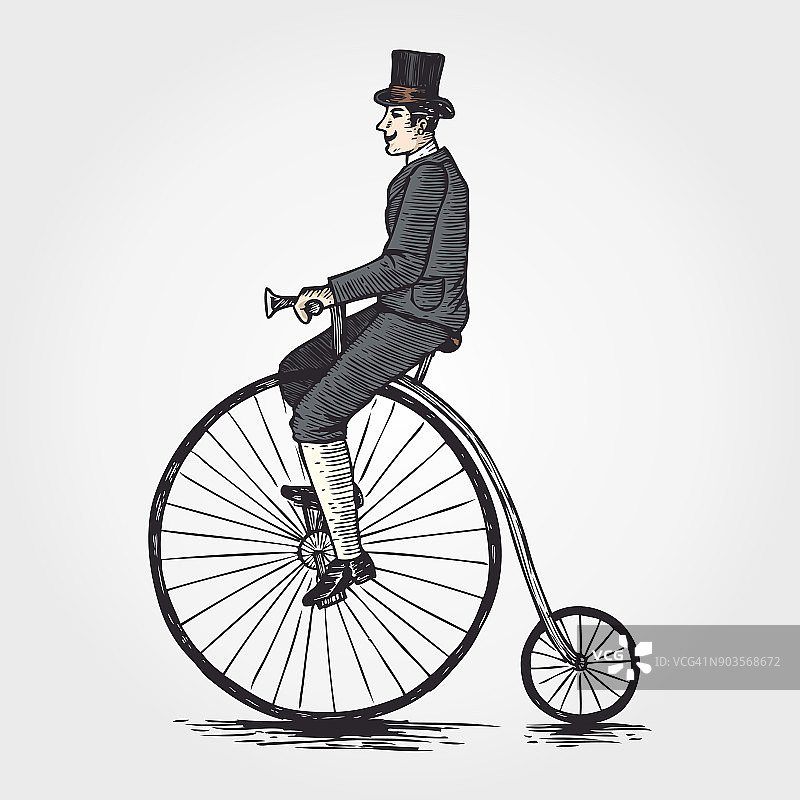 维多利亚时代的一个男人骑着一辆旧自行车的素描图片素材