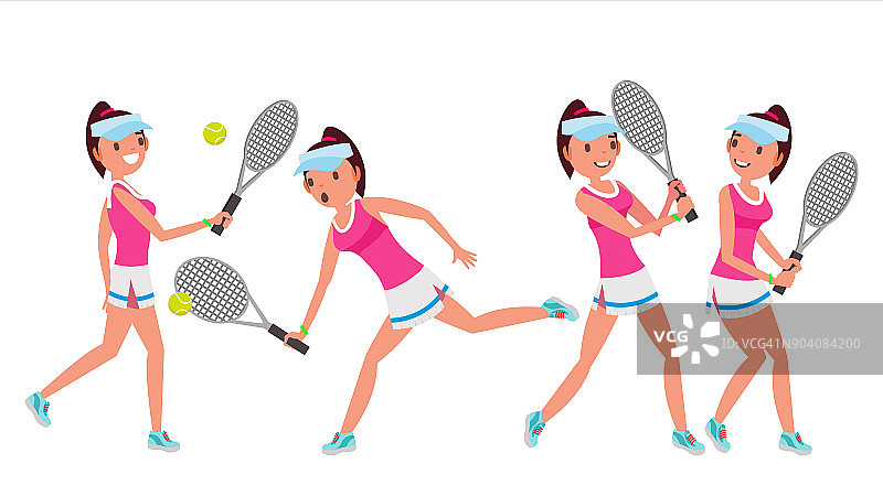 女子网球运动员向量。女网球运动员。不同的姿势。卡通人物图片图片素材