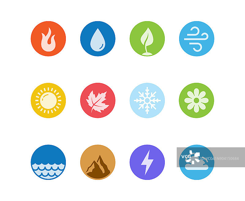 矢量圆形图标集火，水，土和空气元素和季节在平面设计风格图片素材